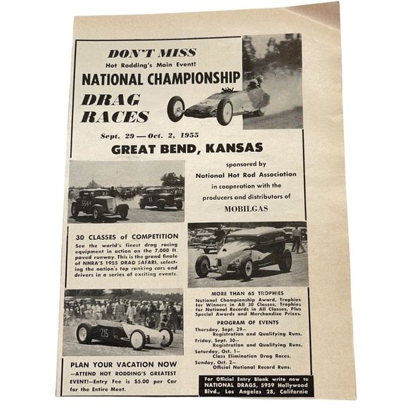 Drag Racing National Championship 1955 Vintage Print Ad Great Bend KS Hot Rod - Picture 1 of 6